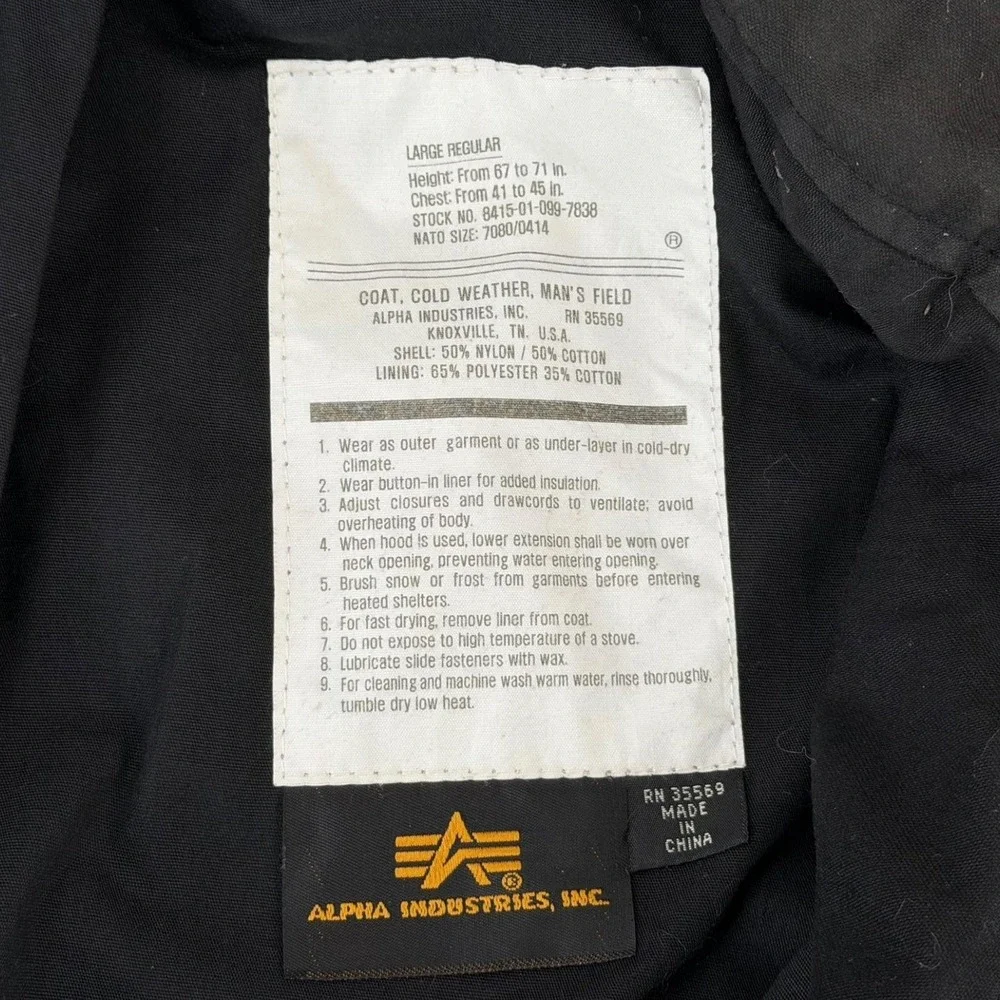Alpha Industries Field Jacket Men's Large Regular Black Military Cold Weather